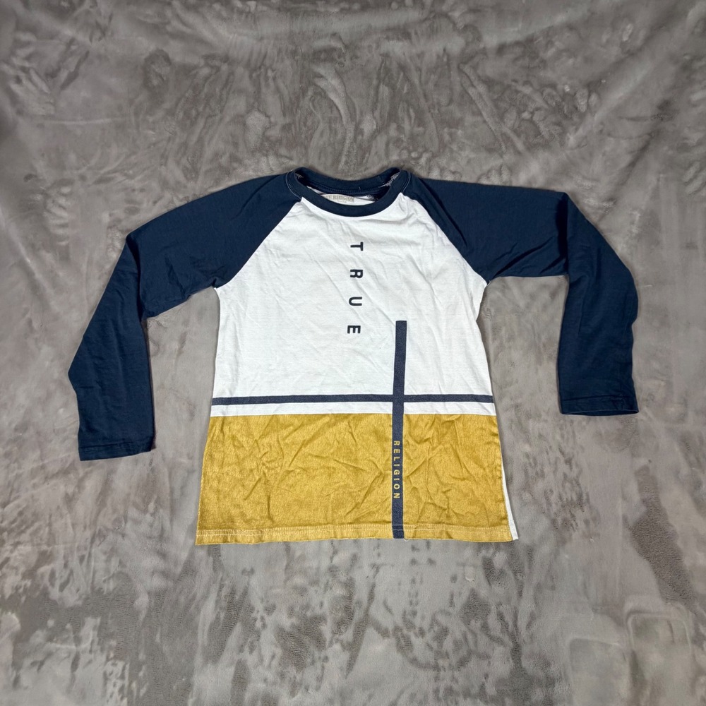 True Religion Boys Large Raglan Long Sleeve Tee Colorblock White Navy Yellow